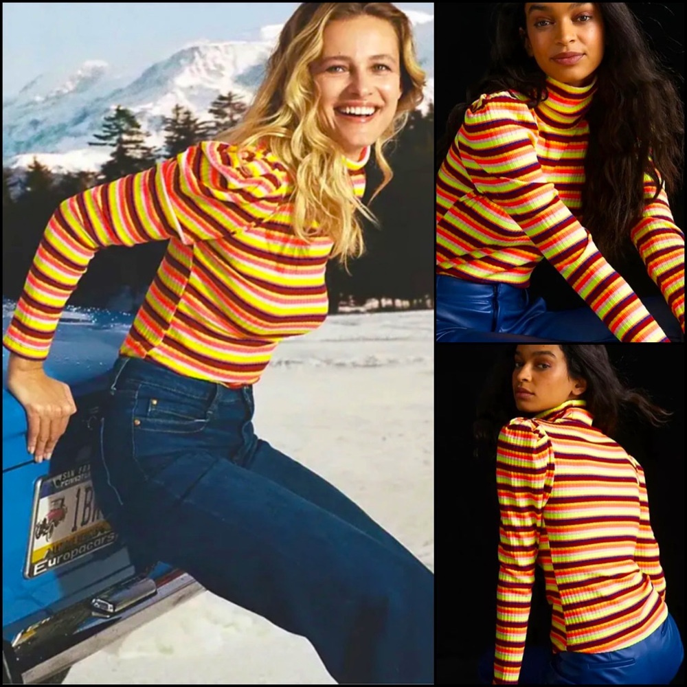 Anthropologie Striped Ribbed Turtleneck - Red, Yellow, Orange